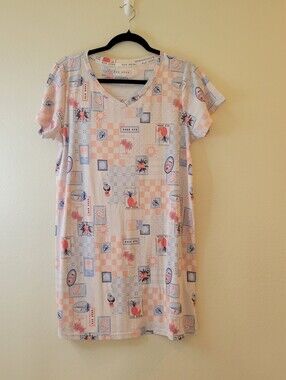 Rae Dunn Pattened V-Neck Short Sleeve Pastel Blue & Pink Nightshirt Ladies Large